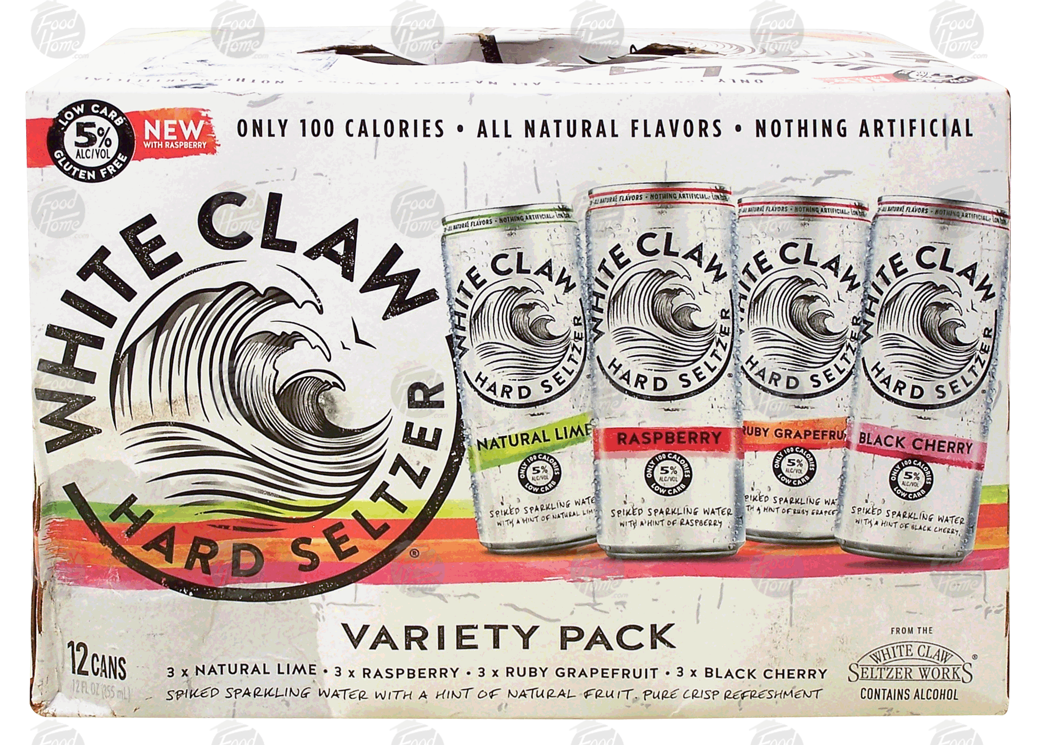 White Claw  hard seltzer variety pack; lime, raspberry, grapefruit, black cherry, 5% alc. by vol., 12-fl. oz. Full-Size Picture